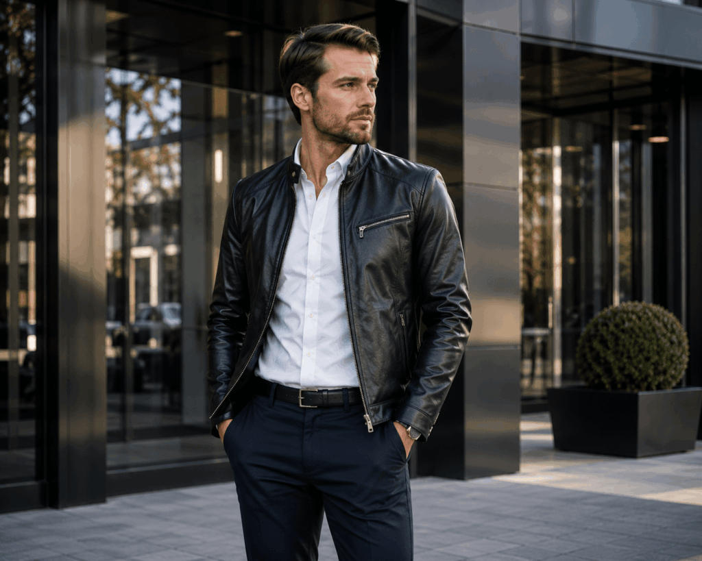 Elegancka stylizacja z koszulą i kurtką skórzaną